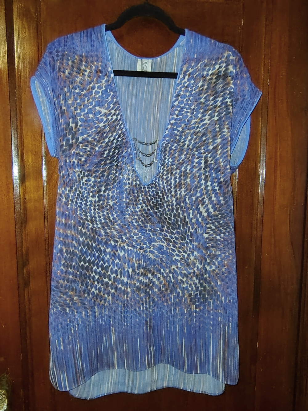 BECCA Blue Printed V-Neck Short Sleeve Cover-up Tunic w/ Necklace Detail Sz M -L